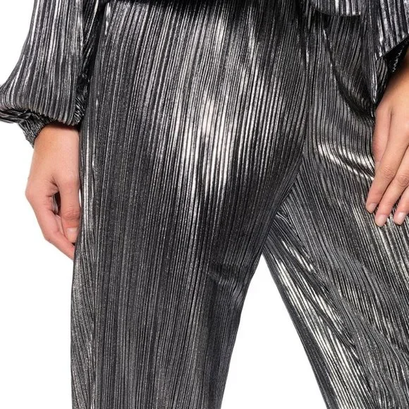 Elaine Pleats Please: Silver Metallic Palazzo Pant M - Picture 2 of 6